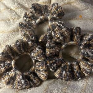 Crochet Hair Scrunchies - Black, Gray, Cream shimmery yarn
